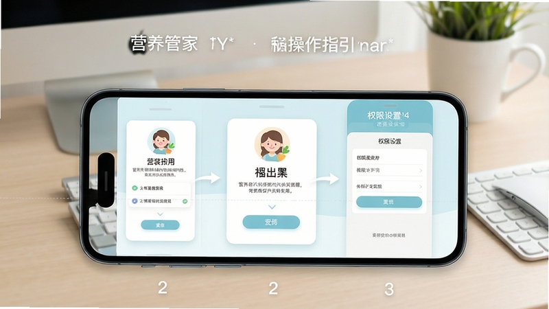 营养管家移动端操作指引示意图,画面展示手机屏幕分步操作流程与权限设置界面,背景为简洁桌面环境,配色柔和清晰,突出安装与使用引导主题