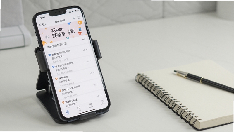 花炮联盟问答页面手机截图,屏幕显示用户常见问题与解答列表,背景为简洁的书桌环境,旁边放置手机支架与笔记簿,整体画面干净清晰