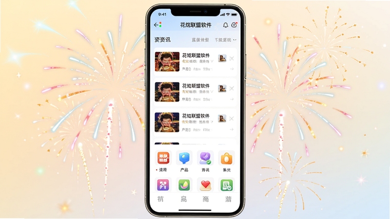 花炮联盟软件主界面全貌展示,画面中心为手机屏幕显示应用首页,包含资讯列表与产品分类图标,背景为浅色渐变,周围点缀烟花元素,整体风格简洁明亮,适配Boogu模型生成