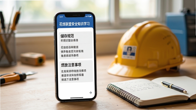 花炮联盟安全知识学习界面,手机屏幕显示储存规范与燃放注意事项条目,旁边放置安全帽与笔记本,背景为柔和的工作台场景,光线自然,突出学习氛围
