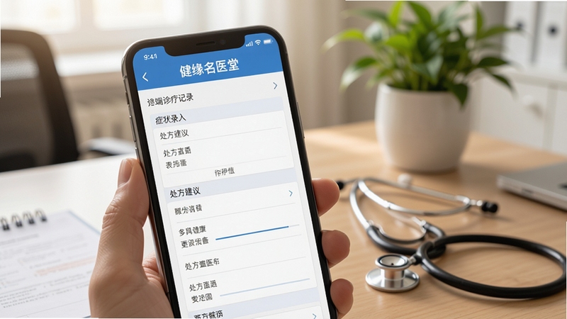 健缘名医堂医生端诊疗记录填写页面,手机屏幕显示症状录入与处方建议表单,背景为诊室办公桌,有听诊器与绿植点缀,光线柔和