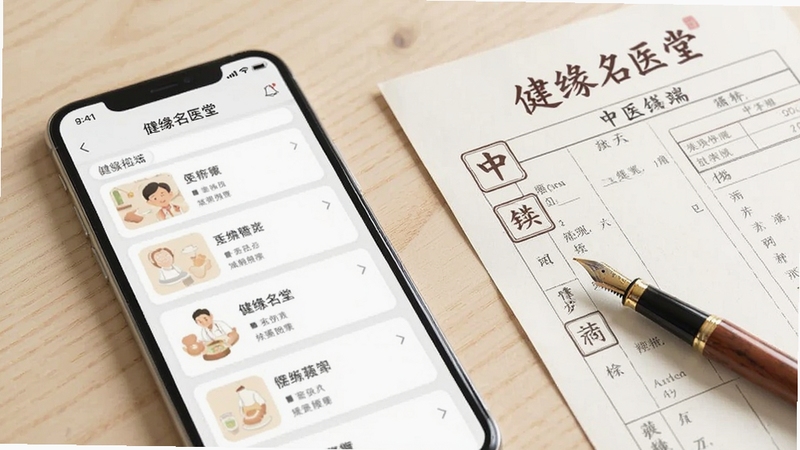 健缘名医堂医生端患者档案管理界面特写,手机屏幕展示档案卡片列表,旁边有中医处方笺与钢笔,浅色木质桌面背景,画面干净整洁