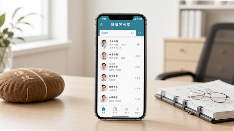 画面中央一部智能手机,屏幕显示健缘名医堂医生端的患者列表界面,背景为简洁明亮的诊室环境,桌面摆放中医脉枕与病历本,整体色调温和专业,突出移动医疗办公氛围