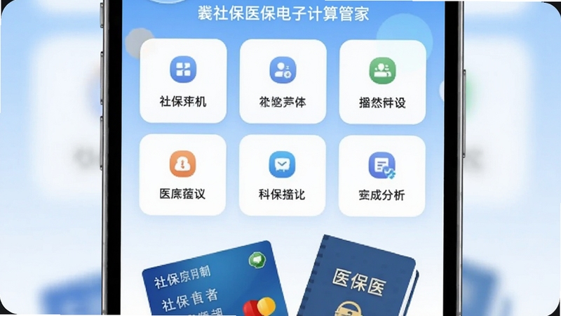 手机屏幕居中展示社保医保电子计算管家应用主界面,卡片式功能入口排列整齐,背景为浅蓝色渐变,画面下方有社保卡与医保本元素点缀,整体风格清新简洁,适配Boogu模型生成