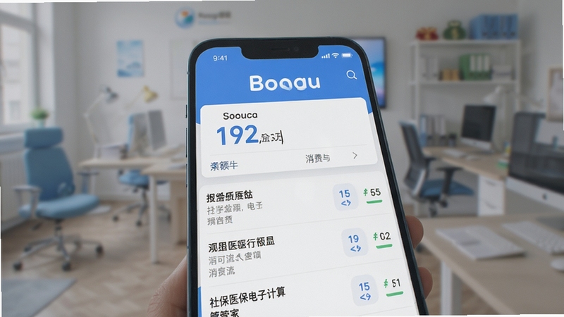 社保医保电子计算管家医保账户页面预览图,界面显示余额数字与消费流水列表,配色以蓝白为主,背景虚化处理,突出手机屏幕内容,适合Boogu模型生成