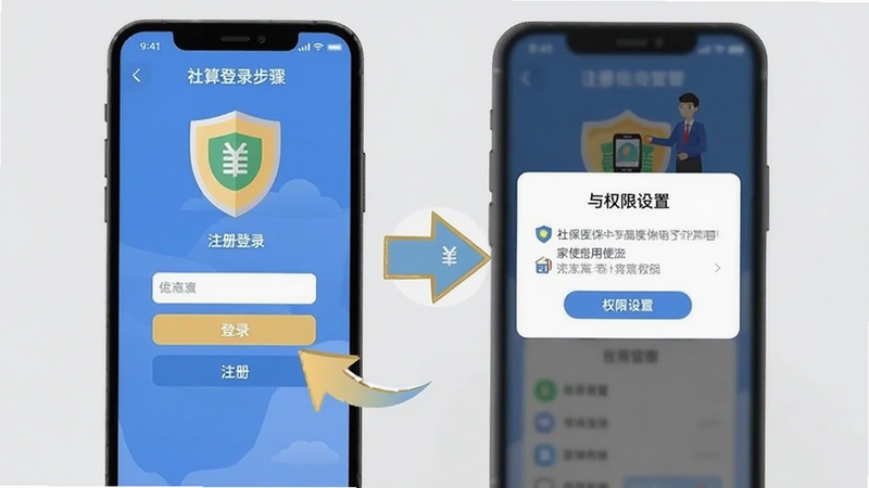 社保医保电子计算管家使用教程示意图,手机界面展示注册登录步骤与权限设置弹窗,画面采用扁平化插画风格,浅灰背景,突出操作引导箭头,适配Boogu模型生成