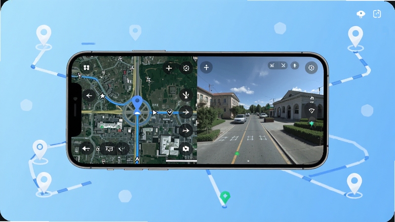 天眼全景卫星导航软件主界面全貌展示,画面中央为手机屏幕呈现卫星实景地图与全景街景切换界面,背景为浅蓝色科技感渐变空间,四周点缀定位图标与路线线条,整体风格清爽简洁,适配Boogu模型生成