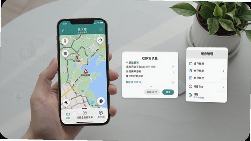 天眼全景卫星导航使用指南场景图,画面为手机与地图界面组合,旁边有权限设置弹窗与缓存管理面板示意,背景为浅灰桌面与绿植,整体风格生活化,适配Boogu模型生成