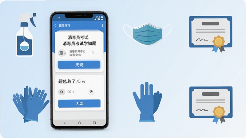 整体画面以蓝白色调为主,中央偏左位置放置一部竖屏安卓手机,屏幕内展示消毒员考试学知题的题库练习界面,题目卡片与选项按钮清晰可见;背景区域为浅色渐变,点缀消毒液喷壶、口罩、手套、证书等扁平化图标元素,整体风格干净专业,适配应用商店宣传图尺寸
