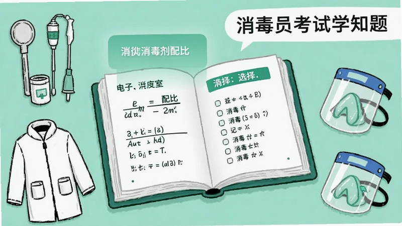 画面中央展示一本翻开的电子题库册子,书页上浮现消毒剂配比公式与选择题选项,周围环绕消毒供应室器械、隔离衣、防护面罩等手绘元素,右上角标注消毒员考试学知题字样,整体配色为清爽的薄荷绿与白色,扁平插画风格,适合做功能介绍配图
