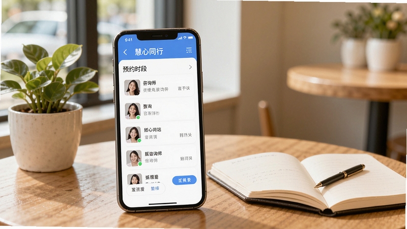 画面展示慧心同行APP的咨询预约界面,手机屏幕显示咨询师列表与可预约时段,背景为明亮的咖啡厅角落,桌面有绿植与笔记本,整体氛围轻松专业,体现便捷预约与温暖陪伴的感觉