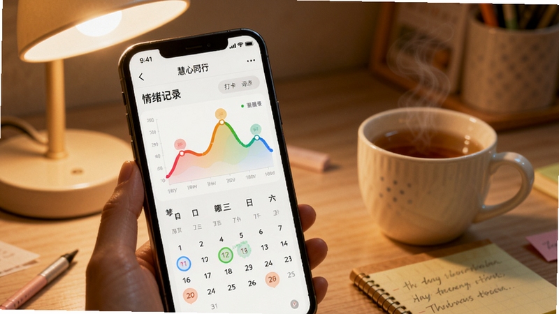 画面以慧心同行APP的情绪记录页面为核心,手机屏幕显示彩色情绪曲线图与打卡日历,背景为柔和的书桌场景,台灯暖光照射,旁边放置一杯热茶与便签纸,整体色调温暖安静,突出记录与回顾的氛围