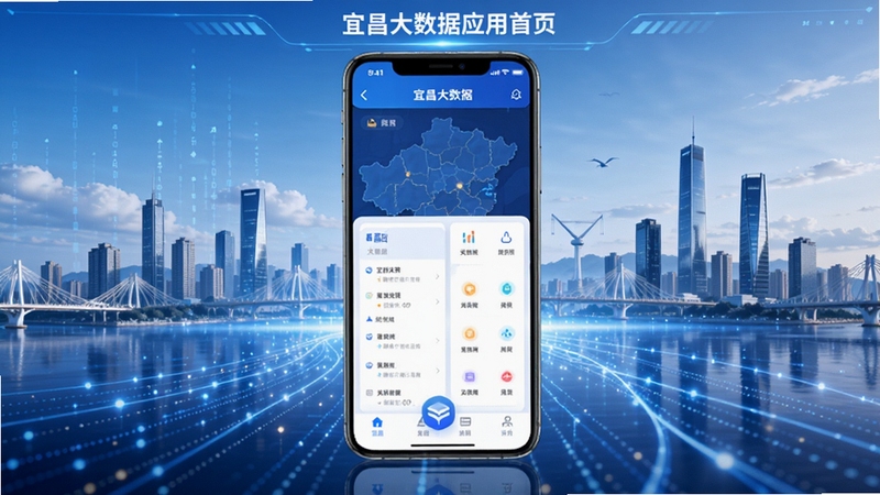 宜昌大数据应用首页界面展示,城市大数据可视化大屏风格,画面主体为一部智能手机屏幕呈现宜昌大数据APP主界面,背景为宜昌城市天际线与数据流线条融合,蓝白科技色调,简洁大气,适合软件下载站展示