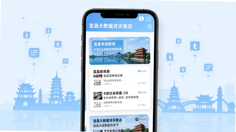 宜昌大数据资讯推送界面,手机展示本地新闻卡片流,背景为宜昌地标建筑剪影与信息流图标,现代简约风格,浅蓝色调