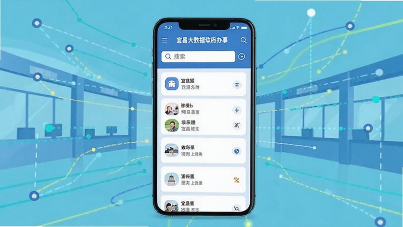 宜昌大数据政务办事功能界面,手机屏幕展示政务服务分类列表与搜索框,背景为政务大厅抽象线条与数据节点,扁平化插画风格,色调清爽