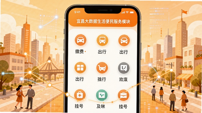 宜昌大数据生活便民服务模块,手机界面展示缴费、出行、挂号等图标网格,背景为城市生活场景插画与数据连接线,温暖明亮的橙色点缀