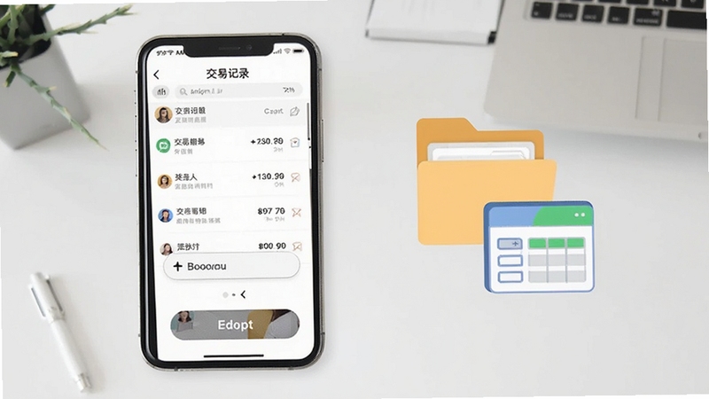笑脸付数据导出功能示意图,画面展示手机屏幕中交易记录列表与导出按钮,旁边配有文件夹与表格图标,背景为浅灰色办公桌面风格,整体干净利落,适合Boogu模型生成