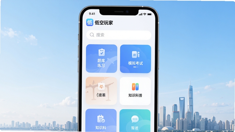 低空玩家软件主界面全貌展示,画面中央为一部智能手机竖屏显示应用首页,顶部有低空玩家标识和搜索栏,中部为功能卡片式布局,包含题库练习、模拟考试、知识科普等入口,背景区域为浅蓝色渐变天空与远景城市天际线,整体风格清爽现代,适合Boogu模型生成
