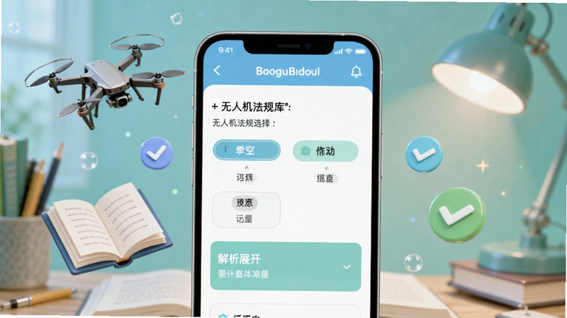 低空玩家题库练习界面展示,手机屏幕内显示一道无人机法规选择题,选项下方有解析展开区域,屏幕周围漂浮着无人机、书本、对勾图标等元素,背景为柔和的蓝绿色调学习氛围场景,画面精致细腻,适合Boogu模型生成