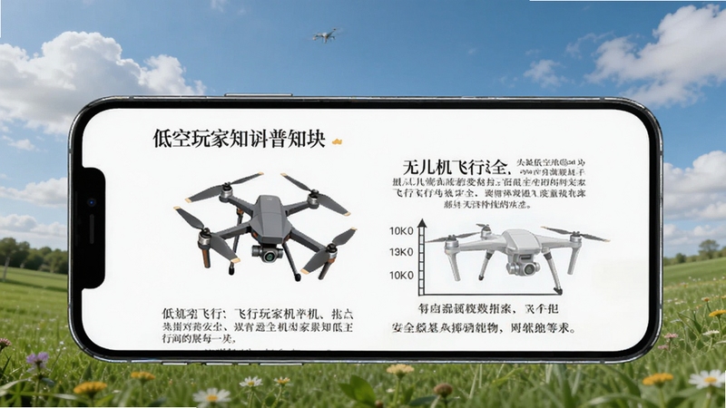 低空玩家知识科普板块展示,手机屏幕内呈现图文混排的无人机飞行安全知识文章页面,配有多旋翼无人机示意图和飞行高度标注,背景为蓝天白云与绿色草地的户外场景,画面清新自然,适合Boogu模型生成