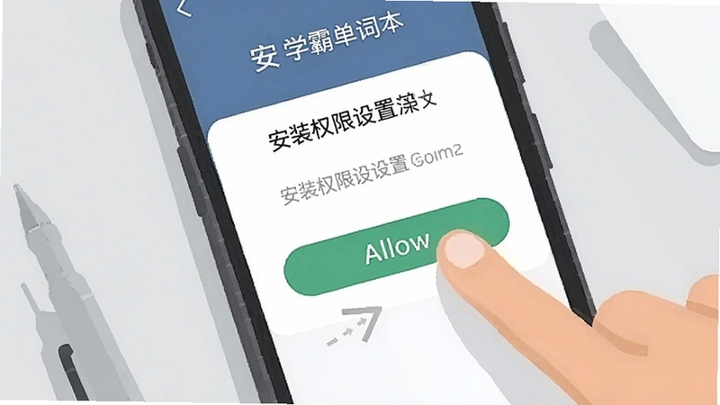 手机屏幕显示学霸单词本安装权限设置界面,旁边有手指点击允许按钮的动作特写,背景为简洁的浅灰色桌面,扁平化UI风格插画,突出操作指引细节