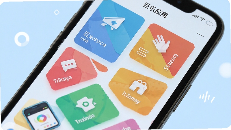 巨乐应用首页卡片式功能入口界面特写,手机屏幕内展示多个彩色功能卡片整齐排列,背景为柔和浅蓝色,画面风格扁平化简洁,突出快捷与高效的使用氛围