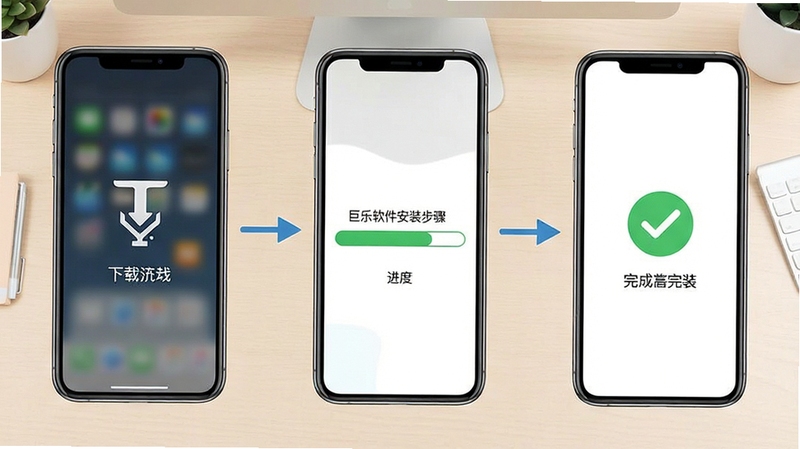 巨乐软件安装步骤示意图,画面展示手机屏幕从下载到安装完成的流程节点,包含进度条与完成对勾图标,背景为浅色桌面环境,整体清晰直观