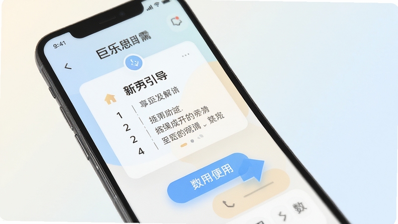 巨乐应用新手引导界面示意,手机屏幕展示分步引导提示框与高亮按钮,背景为浅色柔和渐变,画面细节清晰,体现友好易用的产品调性