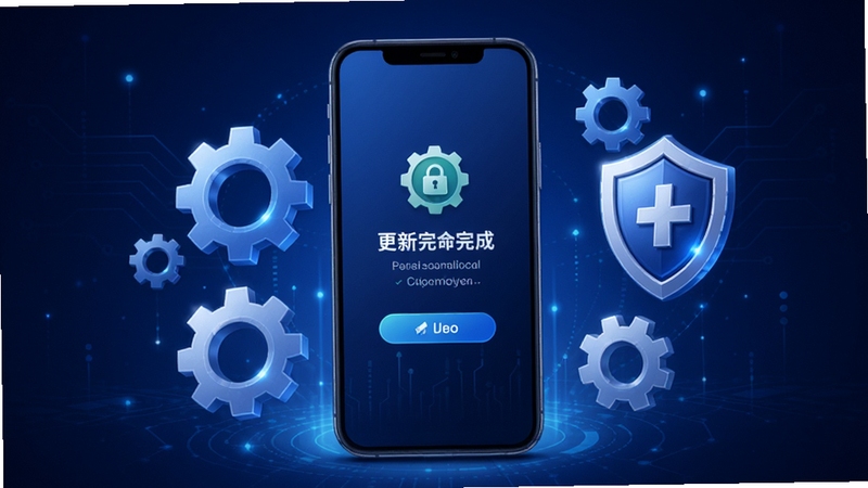 巨乐软件版本更新与稳定运行概念图,画面主体为手机屏幕显示更新完成提示,周围环绕齿轮与盾牌图标,背景为深蓝渐变科技背景,突出稳定与维护主题