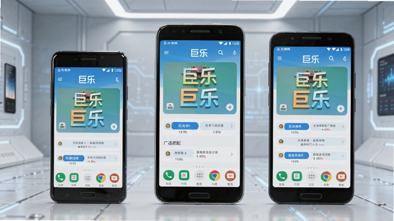 巨乐软件在多种安卓手机上的适配展示,画面中并排摆放三台不同尺寸的手机,屏幕均显示巨乐运行界面,背景为浅灰色科技感空间,突出轻量与广适配特点