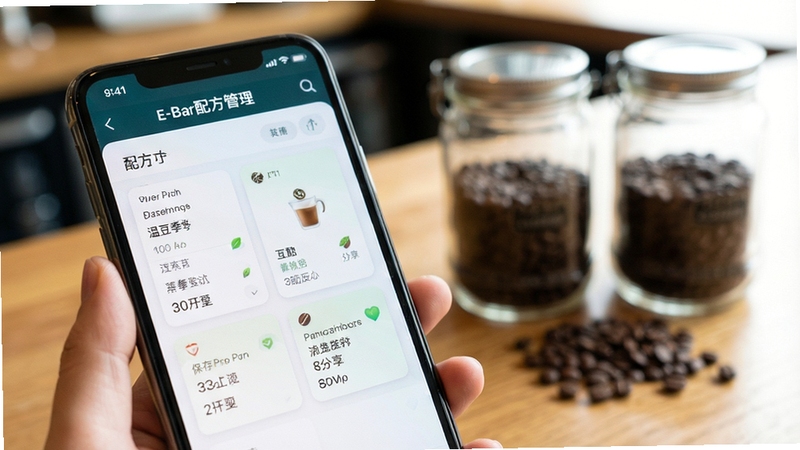 温豆季E-Bar配方管理界面特写,画面主体为手机屏幕上的配方列表与参数卡片,背景区域为咖啡馆桌面与咖啡豆罐,浅景深效果,清新明亮,体现配方保存与分享的便捷性