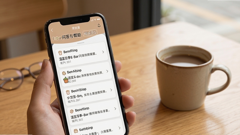 温豆季E-Bar问答与帮助页面示意,画面主体为手机屏幕显示常见问题列表,背景为简洁的桌面与咖啡杯,色调温和,构图平稳,体现用户答疑场景