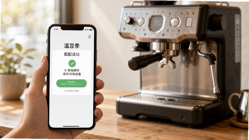 温豆季E-Bar移动端操作界面与咖啡机连接示意,画面主体为手机屏幕显示配对成功提示,背景为咖啡机与手机同框的桌面场景,光线柔和,构图干净,突出上手配对流程