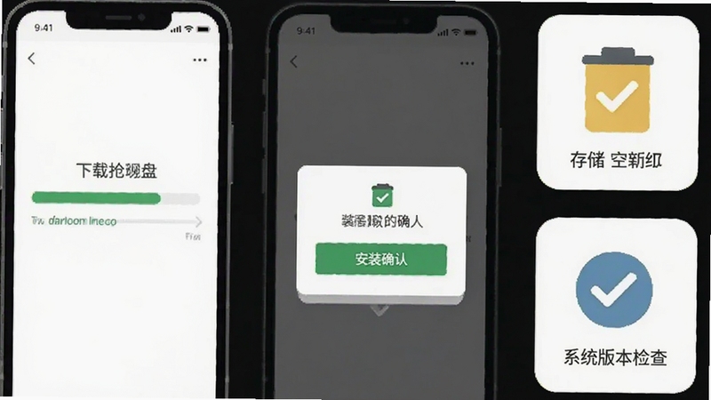 画圈抢地盘安装步骤示意图,手机屏幕显示下载进度条与安装确认弹窗,旁边有存储空间和系统版本检查图标,扁平化信息图风格