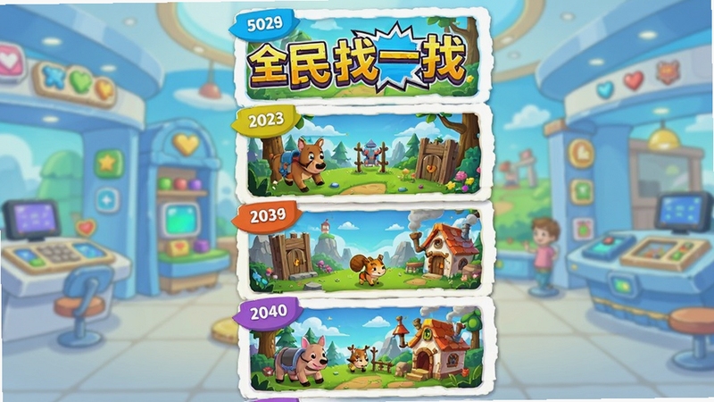 画面展示一列纵向排列的关卡卡片,每张卡片上印有不同的卡通场景缩略图,从简单到困难用不同颜色标签区分,背景是明亮的游戏大厅界面,中央有全民找一找的游戏标题,整体风格活泼、层次分明