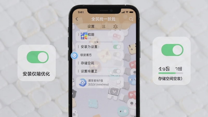 画面为手机屏幕显示全民找一找游戏内设置界面,旁边有权限开关图标和存储空间示意,背景为浅灰色简洁风格,整体突出安装设置与运行优化的操作场景