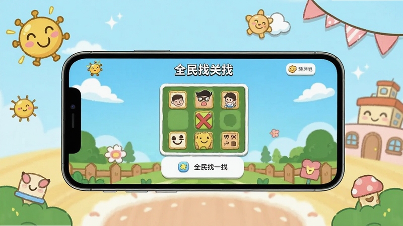 全民找一找无广告游玩场景,手机屏幕显示找茬关卡界面,画面干净无弹窗,周围有轻松愉快的卡通装饰元素,突出清爽无干扰的视觉感受