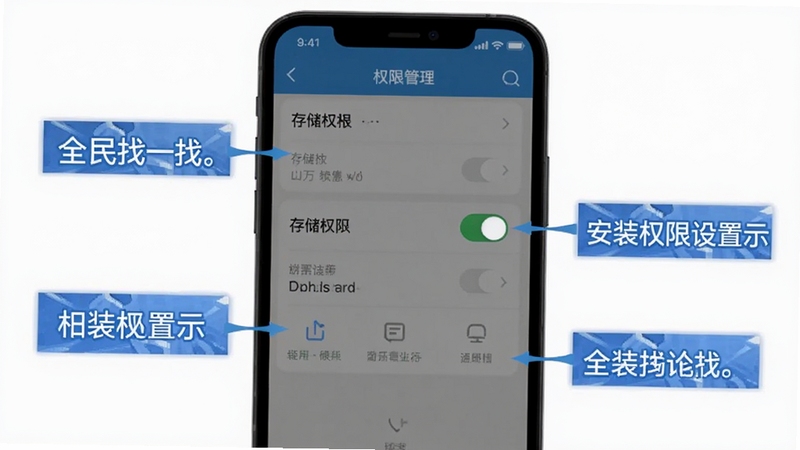 全民找一找移动端安装权限设置示意图,手机屏幕显示权限管理页面,存储权限开关处于开启状态,界面简洁清晰,配有文字标注说明