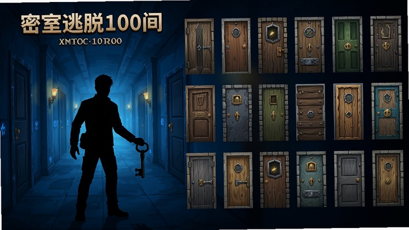密室逃脱100间游戏主界面全景展示,画面中央偏左为手持钥匙的解谜角色剪影,右侧为排列整齐的100扇风格各异的密室门,背景区域为深蓝色调的神秘走廊,整体风格写实手绘,光影层次分明,突出悬疑探索氛围