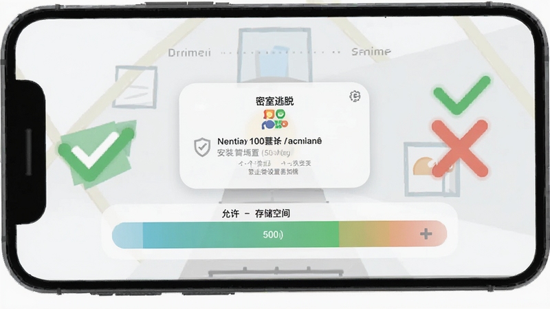 密室逃脱100间游戏安装设置界面示意图,手机屏幕显示权限管理弹窗与存储空间占用条,旁边配有对勾与叉号图标示意允许与禁止操作,整体风格扁平化信息图,色调清爽简洁
