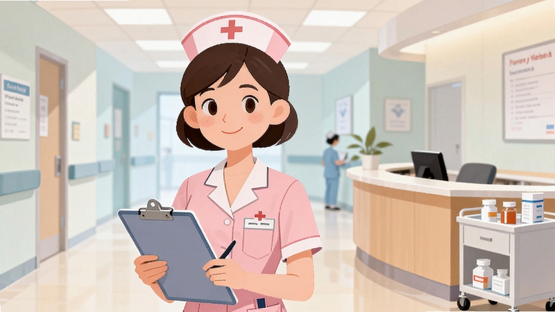 ���廭����ҽԺС��ʿΪ���ģ���������ƫ��λ�ó���һλ����ǳ��ɫ��ʿ��������Ů�Խ�ɫ���ֳֻ�����¼�壬����Ϊ������ҽԺ���������Ҳ������û�ʿվ̨����ҩƷ�Ƴ�������ɫ��������£����ñ�ƽ���廭���ͻ��ҽ�ƻ��������Χ