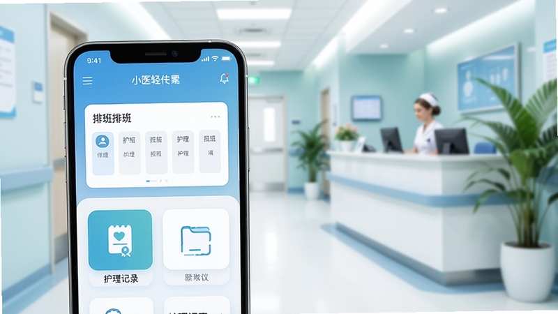 整体画面以明亮医院走廊为背景,画面中央偏左位置放置一部智能手机,屏幕上清晰展示医院小护士软件主界面,界面包含排班卡片与护理记录图标,背景右侧虚化处理为护士站台与绿植,色调以浅蓝和白色为主,风格干净写实,适合应用介绍配图