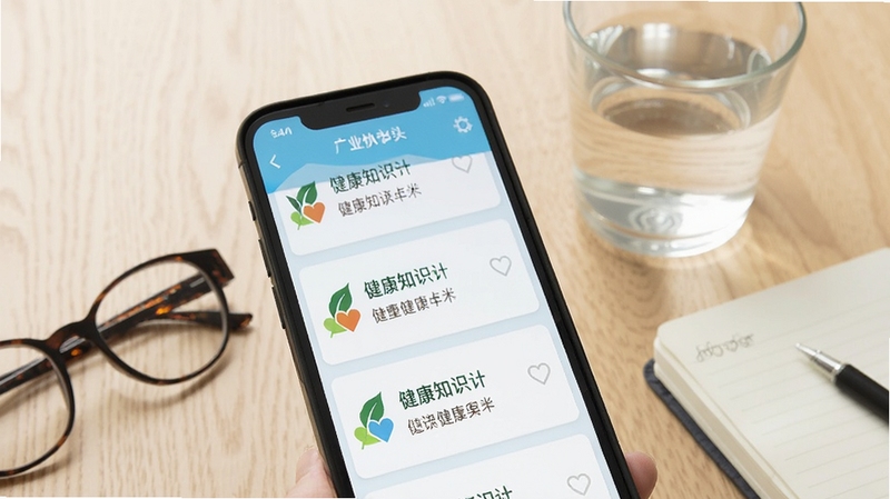 画面为手机屏幕特写,显示医院小护士的健康知识卡片列表,卡片上有绿叶与爱心图标,背景是浅色木质桌面和一杯温水,旁边放着眼镜与笔记本,整体风格清新生活化,传达轻松阅读的氛围