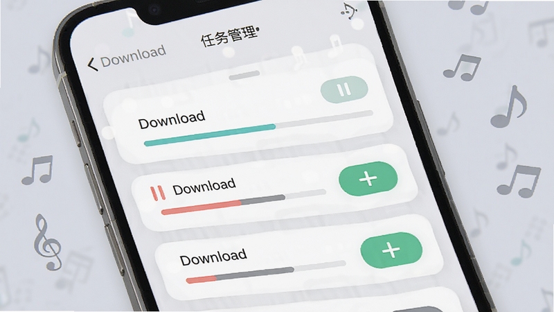 音搜下载任务管理界面,手机屏幕显示多个下载任务进度条,部分任务显示暂停与继续按钮,界面采用卡片式布局,背景为柔和浅灰色调,音符图标点缀其间