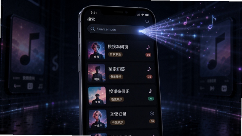 音搜全网音乐聚合搜索功能展示,手机界面呈现多条搜索结果列表,每条结果带有歌曲封面缩略图与音质标签,背景为深色音乐主题空间,光束从搜索框向外扩散,科技感与音乐氛围结合