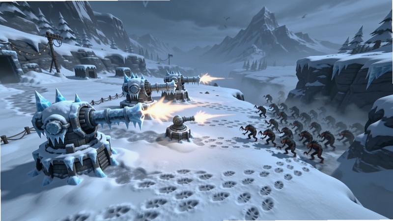 怪物攻防战中的雪原关卡场景,画面左侧是覆盖白雪的防御阵地,三座冰霜主题炮塔正在攻击从右侧峡谷涌入的怪物群,地面留有怪物走过的脚印痕迹,远处可见雪山轮廓,整体画面冷色调,突出地形与防线的空间关系