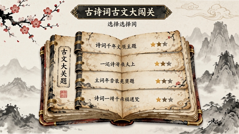 ��ʫ�ʹ��Ĵ󴳹عؿ�ѡ����棬��������Ϊ���չ���Ĺ���ҳ��ʽ�ؿ��б���ÿҳ��ע��ͬʫ���������Ǽ����ȣ����������׺÷����Զɽ��Ӱ������廭���