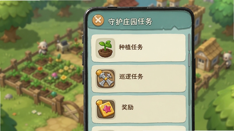 守护庄园任务界面展示,画面为手机屏幕中的任务列表,包含种植任务、巡逻任务与奖励图标,背景为庄园场景虚化处理,界面配色柔和,卡通风格