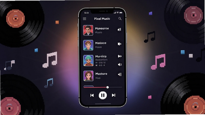 整体画面以Pixel Music播放器界面为主体,手机屏幕居中显示像素风格音乐列表与播放控制栏,背景为深色渐变与柔和光晕,四周点缀黑胶唱片、音符与像素方块元素,整体风格复古现代融合,高清细节,适合软件下载站展示图