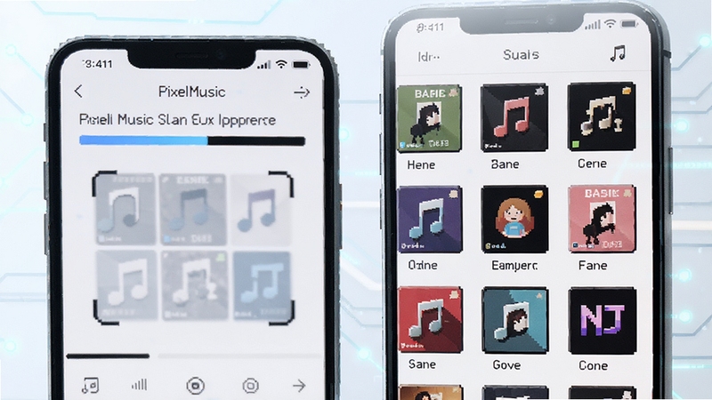 Pixel Music智能扫描界面展示,手机屏幕显示扫描进度条与自动分类后的专辑网格,像素风格图标排列整齐,背景为浅色科技感线条,画面干净明亮,突出本地音乐管理主题